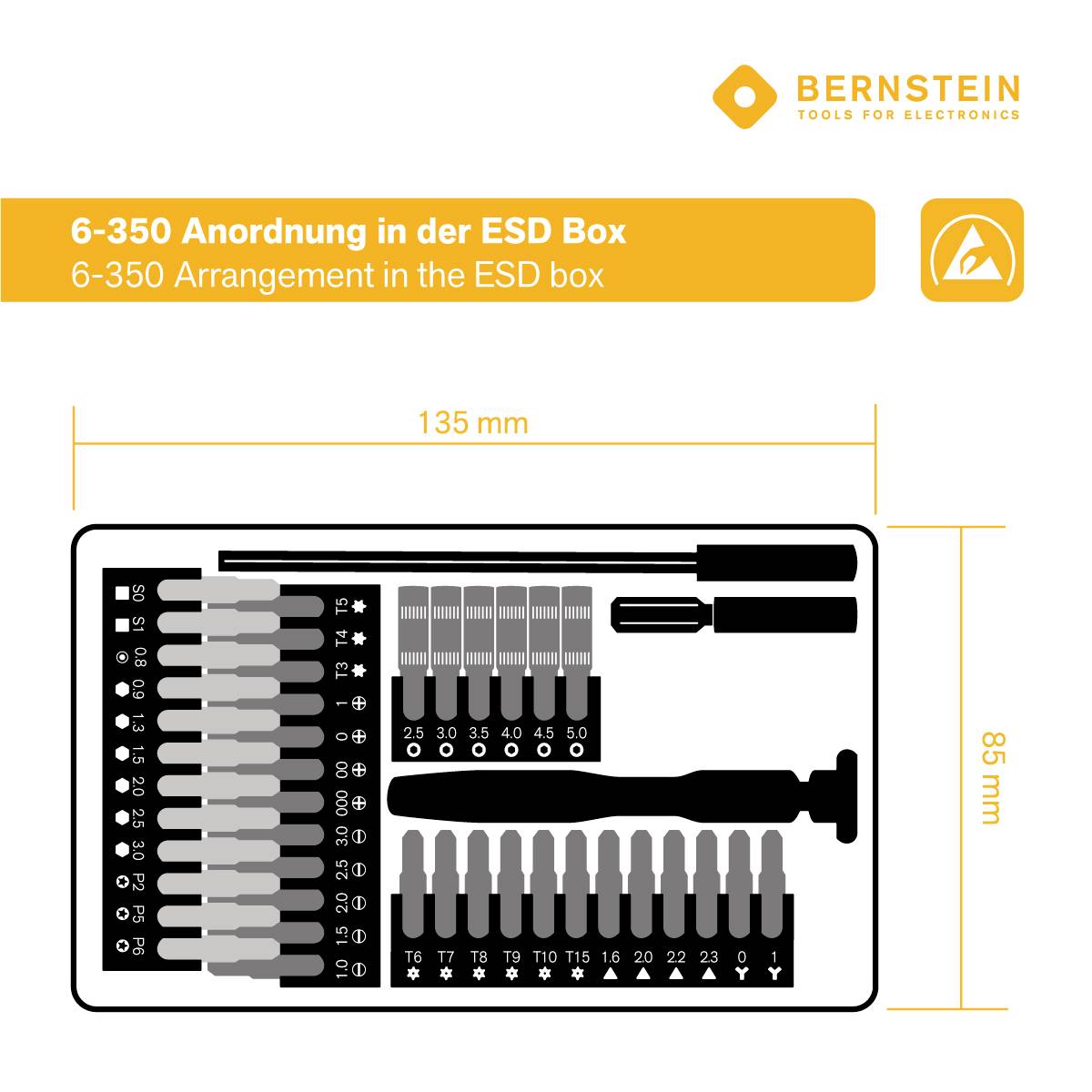 '6-350 Anordnung in der ESD Box': Abbildung zeigt Werkzeuge in einer Box, mit Maßangaben 135 x 85 mm, inklusive Schraubendreher und Bits.