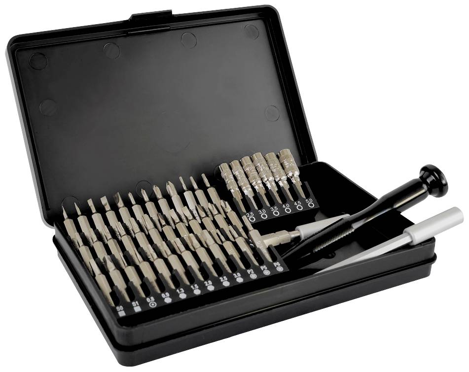 Ein offenes Etui mit verschiedenen Bohrköpfen und einem schwarzen Griff. Enthält mehrere Werkzeughalterungen und Zubehör.