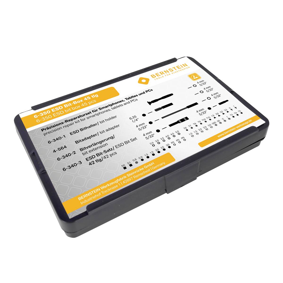 Kunststoffbox mit Etikett, darauf 'ESD Bit-Set für Smartphones, Tablets und PCs' mit Inhaltsdetails von 42 Bits und Zubehör.