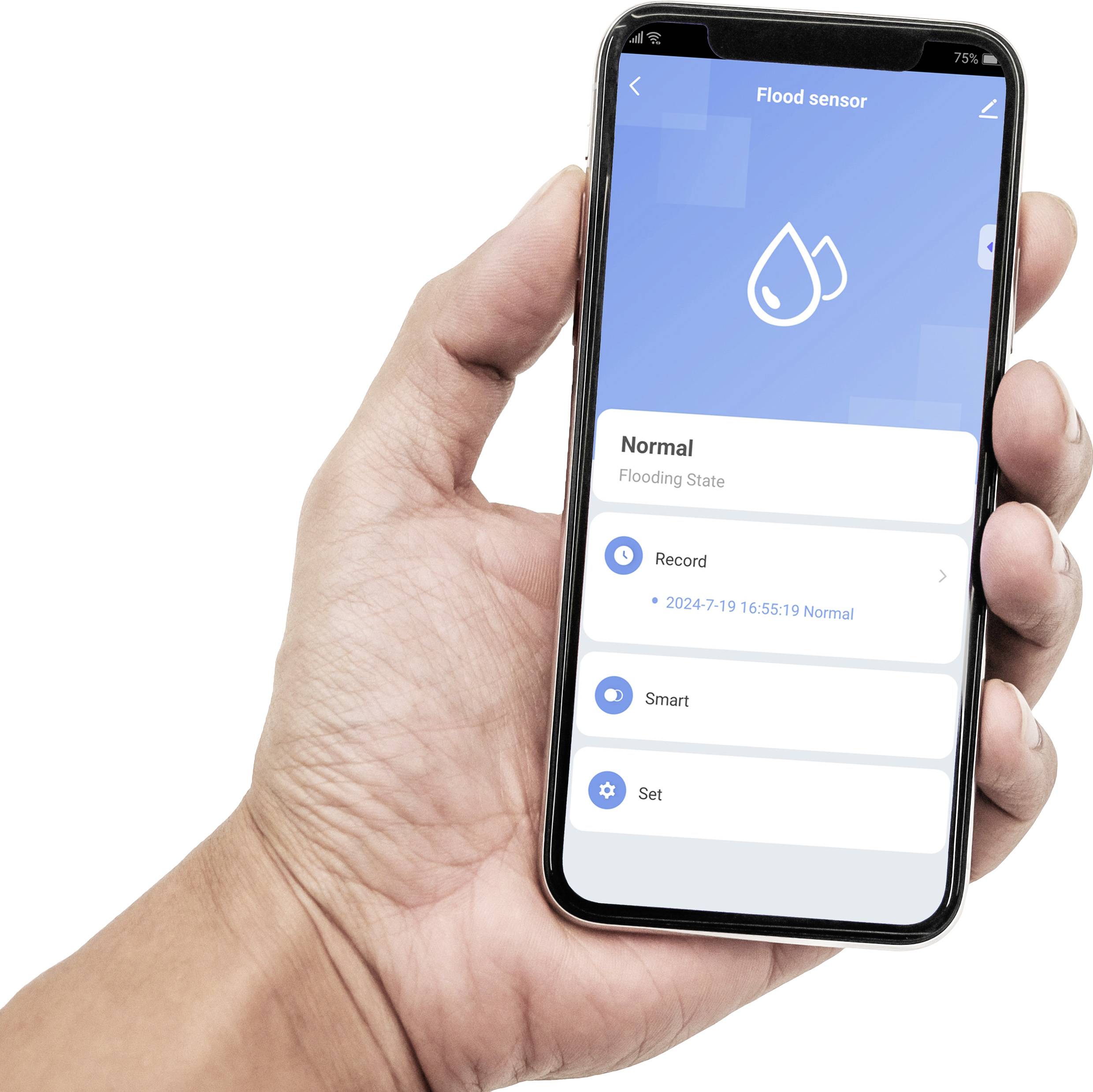 Eine Hand hält ein Smartphone mit einer App zur Überwachung eines Flutsensors an, zeigt den Status 'Normal' und Steuerungsoptionen.