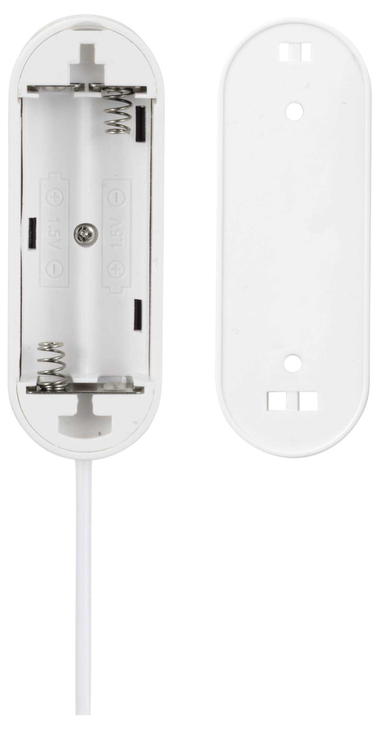 Weiße, offene Batteriefachabdeckung mit freiliegendem Fach für zwei AA-Batterien und sichtbaren Metallfedern, daneben die Abdeckung.