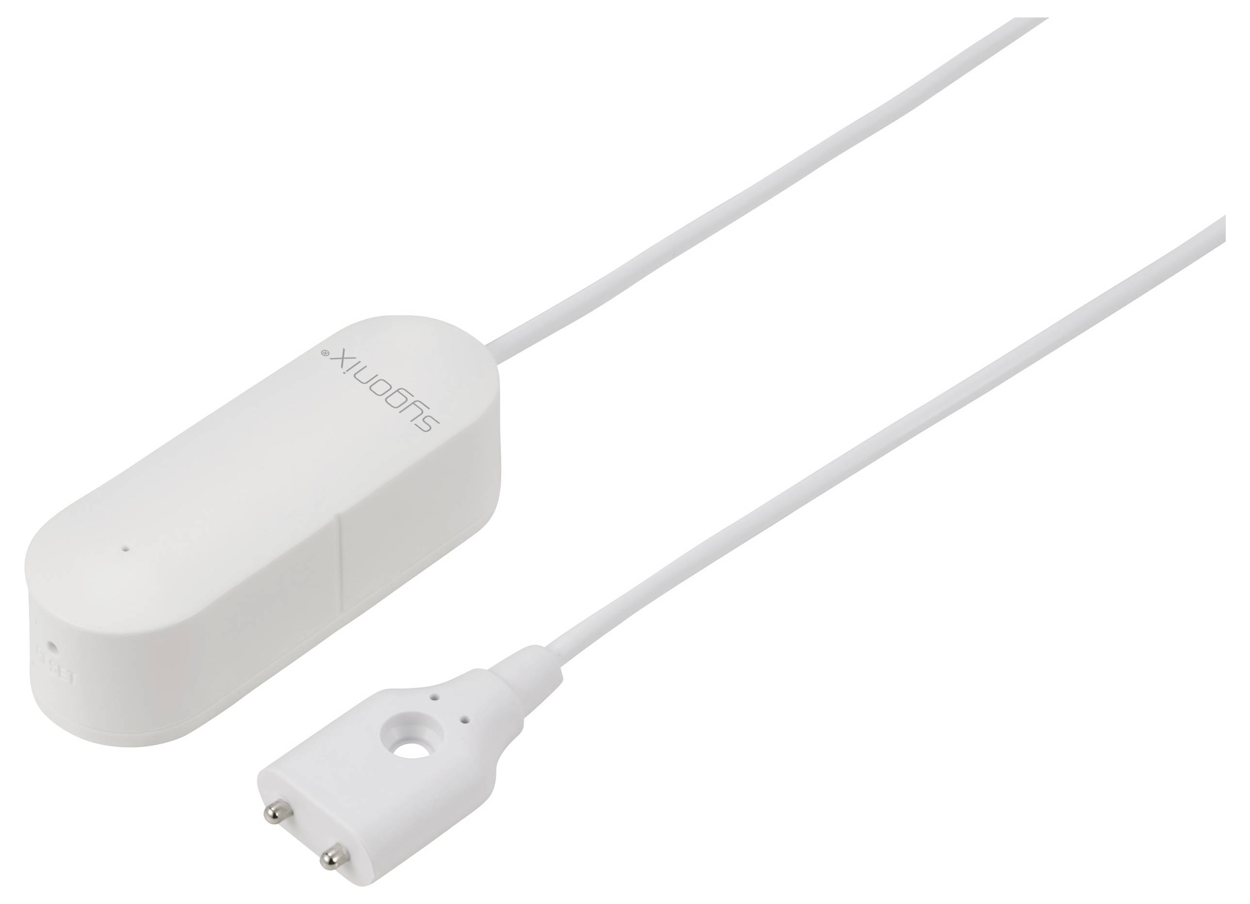 Ein weißer Wasserlecksensor mit Kabel und einem rechteckigen Gehäuse, auf dem 'Sluponix' steht. Geeignet zur Erkennung von Wasserleckagen.