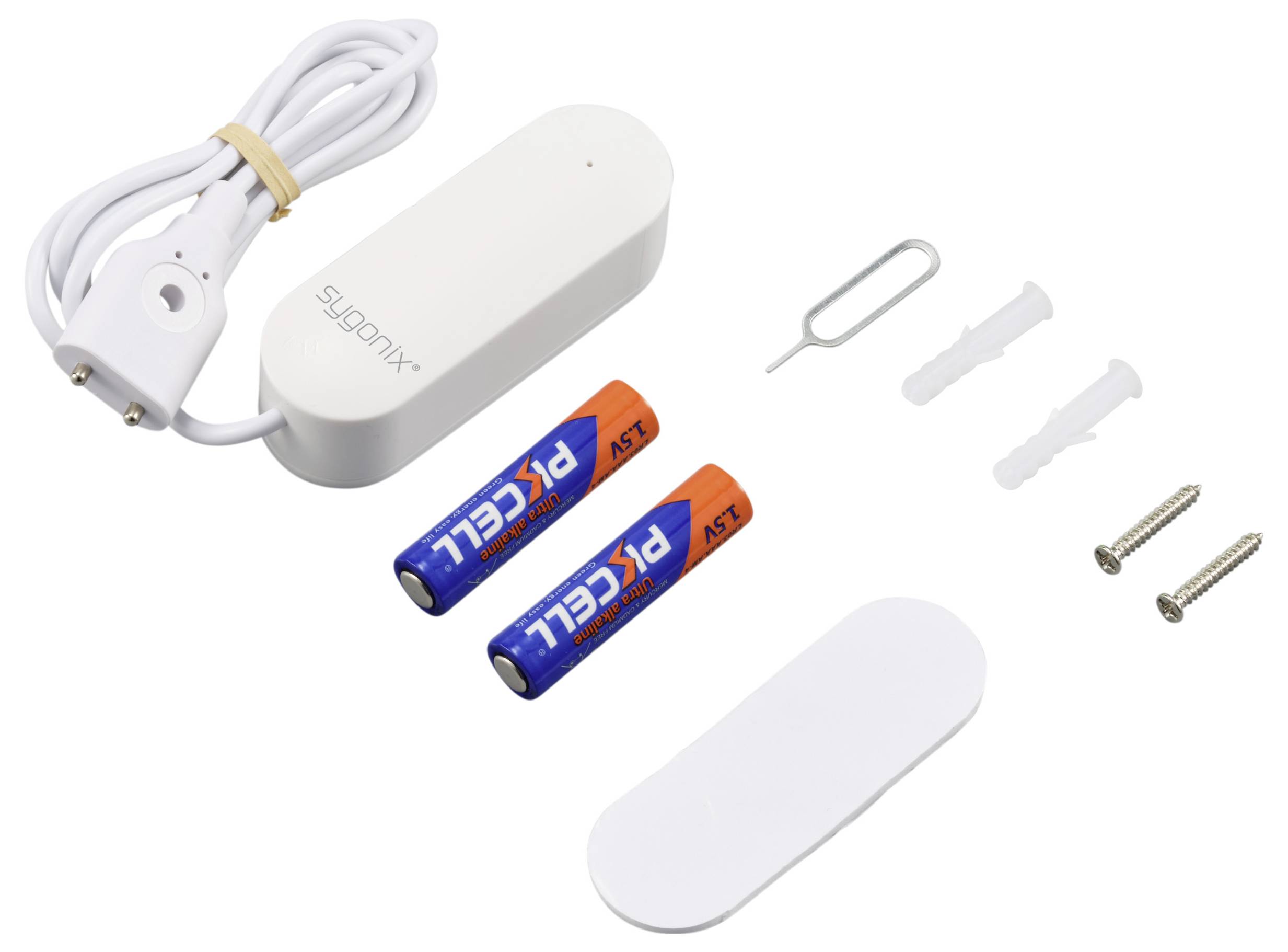 Ein weißer kabelloser Sensor mit zwei Batterien, zwei Schrauben, zwei Dübeln, einem Öffnerwerkzeug und einer kleinen Abdeckung.