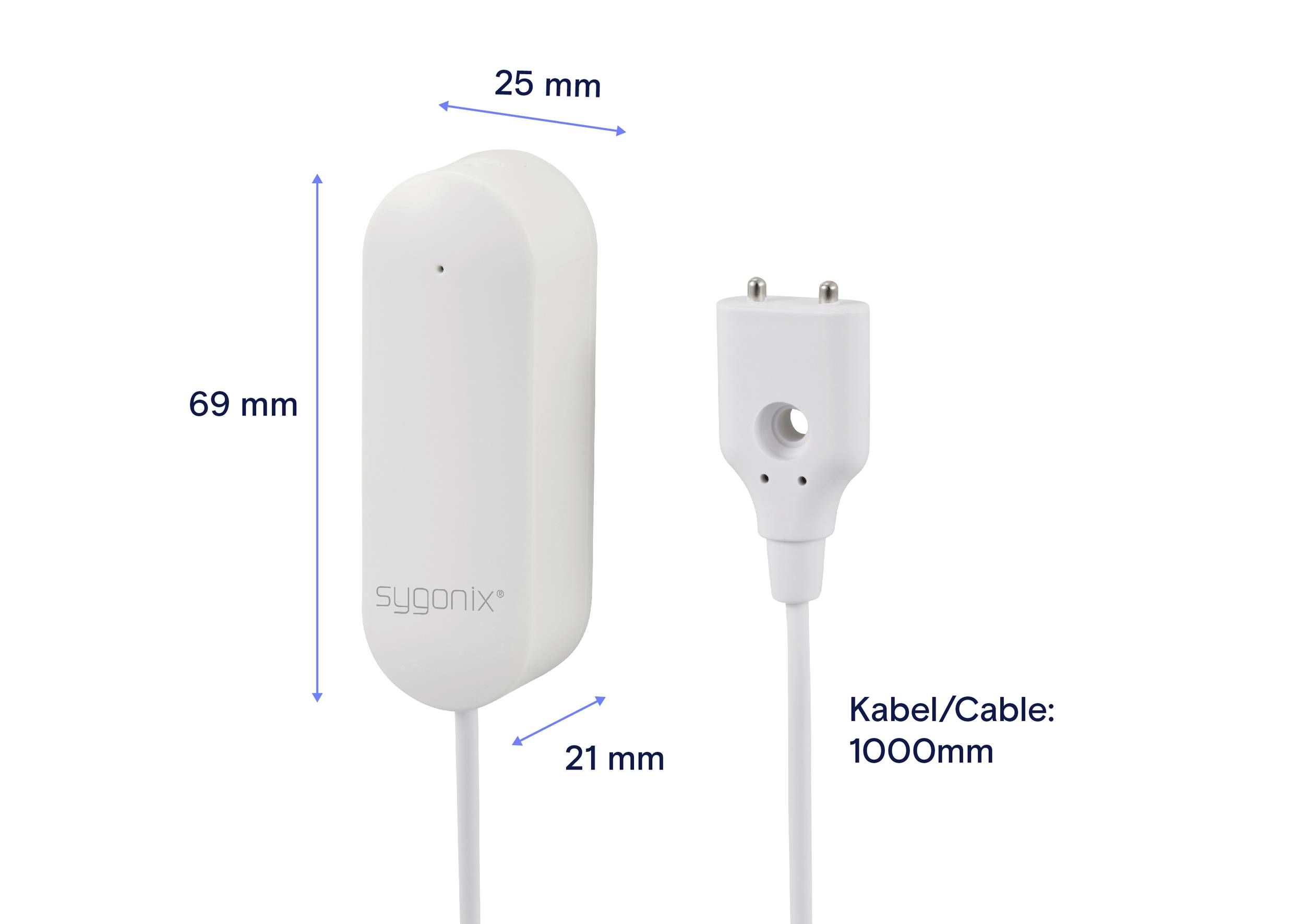 Ein weißer Sensor der Marke Sygonix mit den Maßen 69 mm x 25 mm x 21 mm. Der Kabel ist 1000 mm lang.