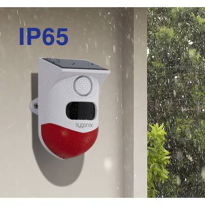 IP65-wasserdichte Außenalarm-Sirene von sygonix, montiert an einer Wand bei Regen. Links steht 'IP65' in blauer Schrift.
