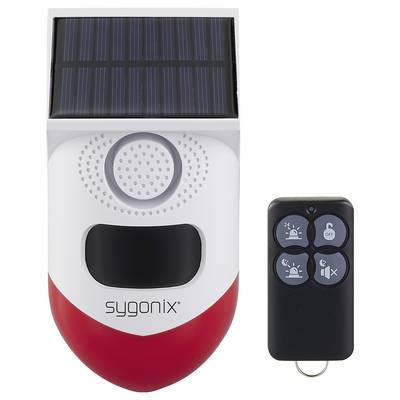 Solarbetriebene Sirene mit Fernbedienung. Die Sirene hat ein rot-weißes Gehäuse mit Solarzellen oben. Die Fernbedienung hat vier Tasten.