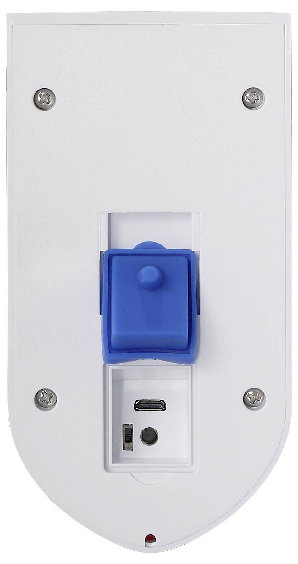 Die Abbildung zeigt die Rückseite eines weißen, wandmontierten Geräts mit einer blauen Klappe und einem Mikro-USB-Anschluss.