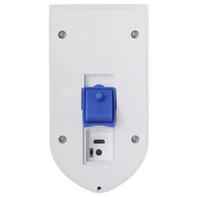 Die Abbildung zeigt die Rückseite eines weißen, wandmontierten Geräts mit einer blauen Klappe und einem Mikro-USB-Anschluss.