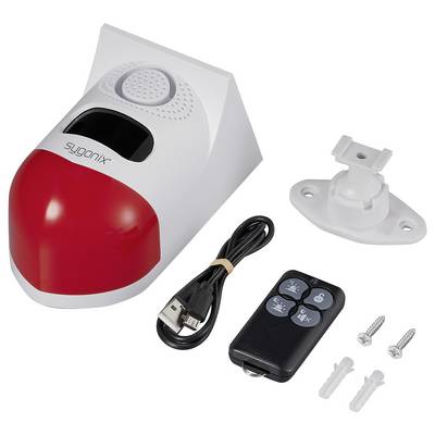 Alarmanlage mit roter Abdeckung, Fernbedienung, USB-Kabel, Halterung und Schrauben. Komplettes Set zur Montage und Steuerung.