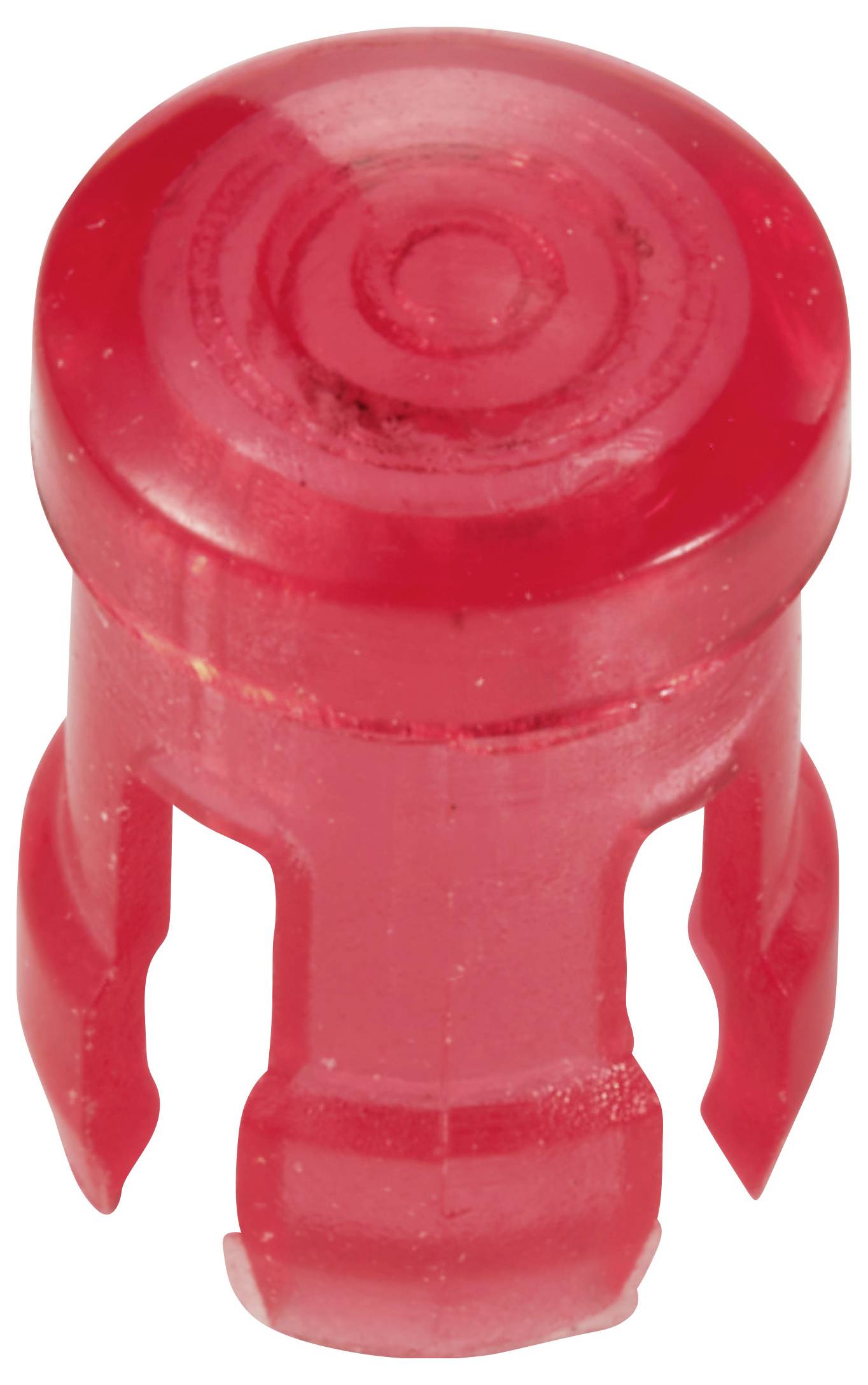 Roter Plastikstopfen mit rundem Kopf und drei seitlichen Haltearmen. Verwendet zum Verschließen von Öffnungen oder als Abdeckung.