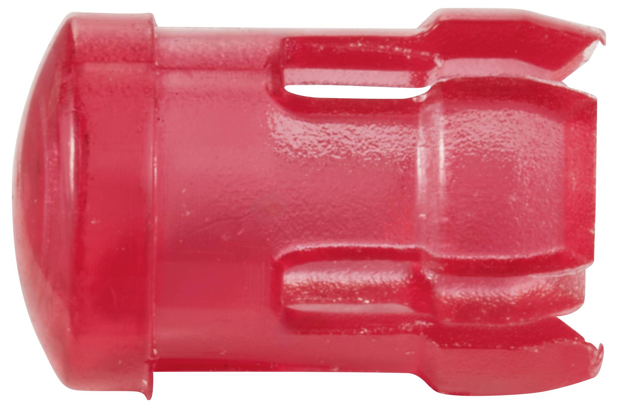 Roter Kunststoffdübel, zylindrisch geformt, mit mehreren seitlichen Öffnungen und abgerundeter Kappe. Verwendet für Wandbefestigungen.