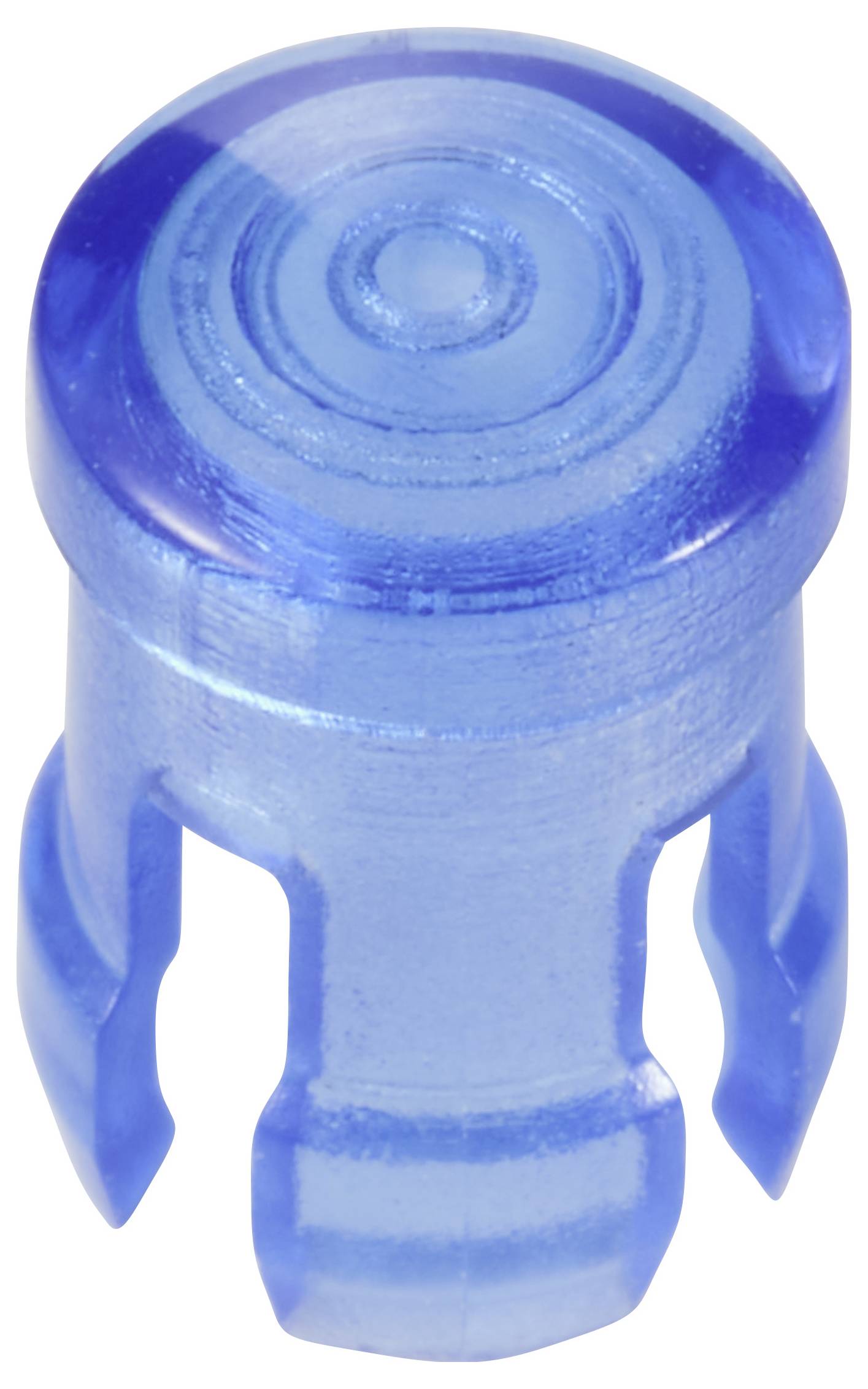 Ein blauer, zylindrischer Kunststoffstecker mit drei vertikalen Schlitzen, möglicherweise ein technisches Bauteil oder Verbindungselement.