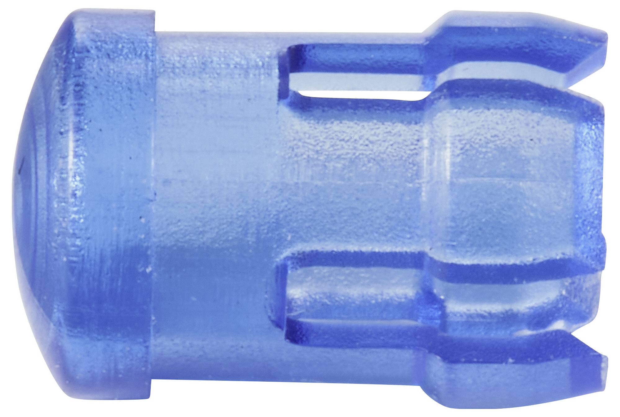 Kleiner, transparenter blauer Plastikdübel, zylindrische Form mit Längsschlitzen und gewölbtem Kopf, auf weißem Hintergrund.