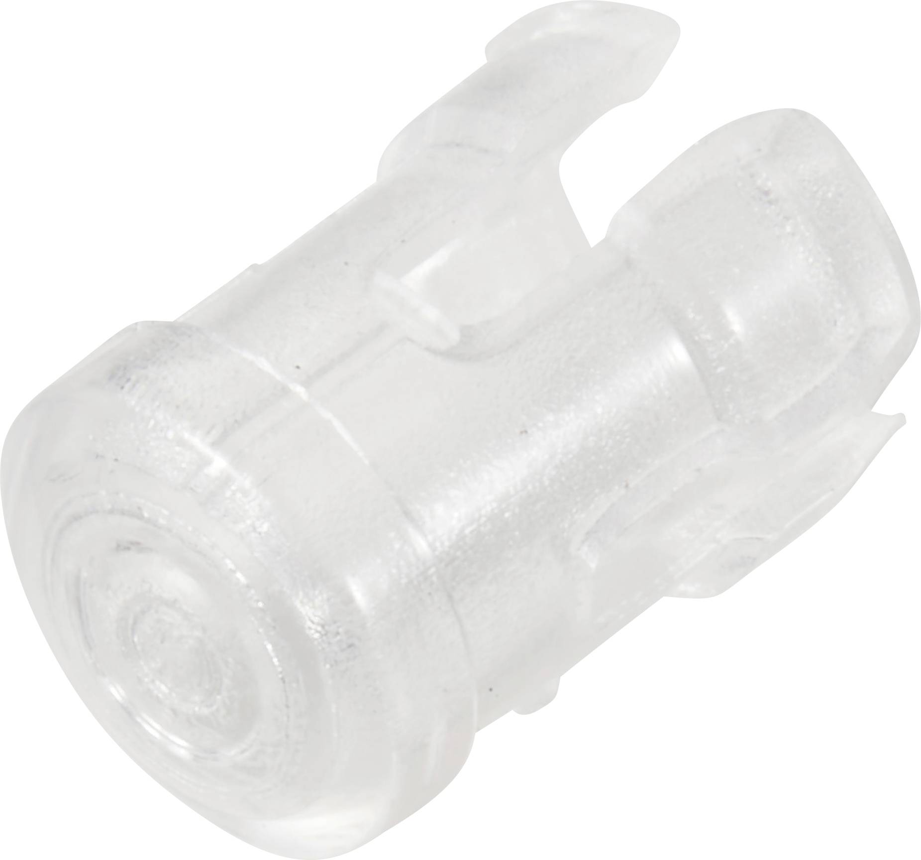 Ein transparenter, zylindrischer Kunststoffverschluss mit aufklappbarem oberen Teil. Geeignet für sicheres Verschließen von Behältern.