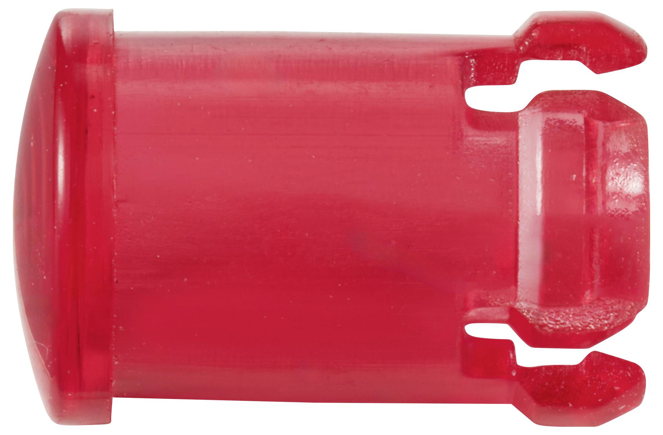 Rotes, zylindrisches Kunststoffteil mit zwei seitlichen Haken, möglicherweise Bestandteil eines größeren Mechanismus oder Systems.
