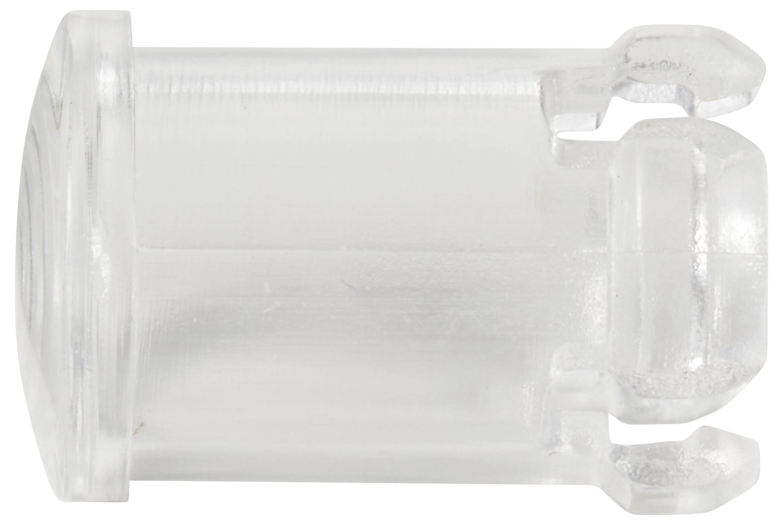 Kunststoffgerät mit transparentem Zylinder und Clip am Ende, möglicherweise Teil eines Montage- oder Verbindungssystems.