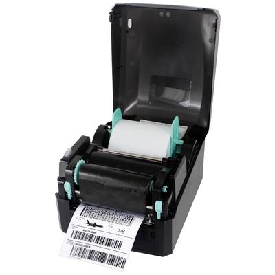 'Ein geöffneter Etikettendrucker mit sichtbarer Papierrolle und gedrucktem Etikett vorne. Das Etikett zeigt einen Barcode und Text.'