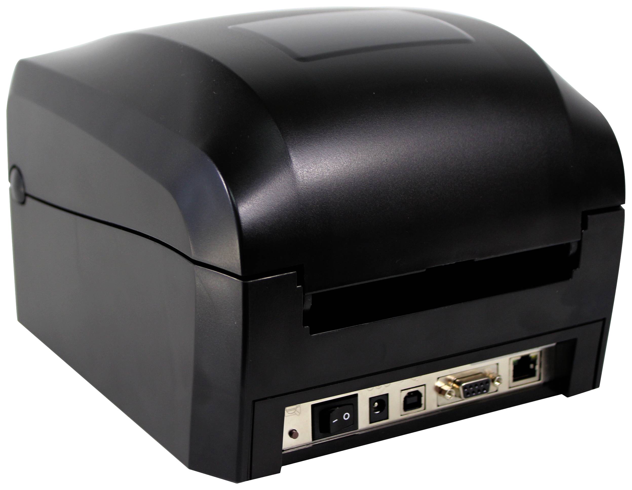 Schwarzer Etikettendrucker mit mehreren Anschlussmöglichkeiten auf der Rückseite, darunter USB, Ethernet und Stromanschluss.