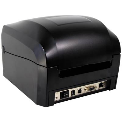 Schwarzer Etikettendrucker mit mehreren Anschlussmöglichkeiten auf der Rückseite, darunter USB, Ethernet und Stromanschluss.