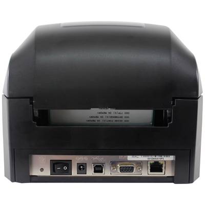 Ein schwarzer Etikettendrucker mit verschiedenen Anschlüssen wie Strom, USB, serielle und Netzwerkanschlüsse auf der Rückseite.