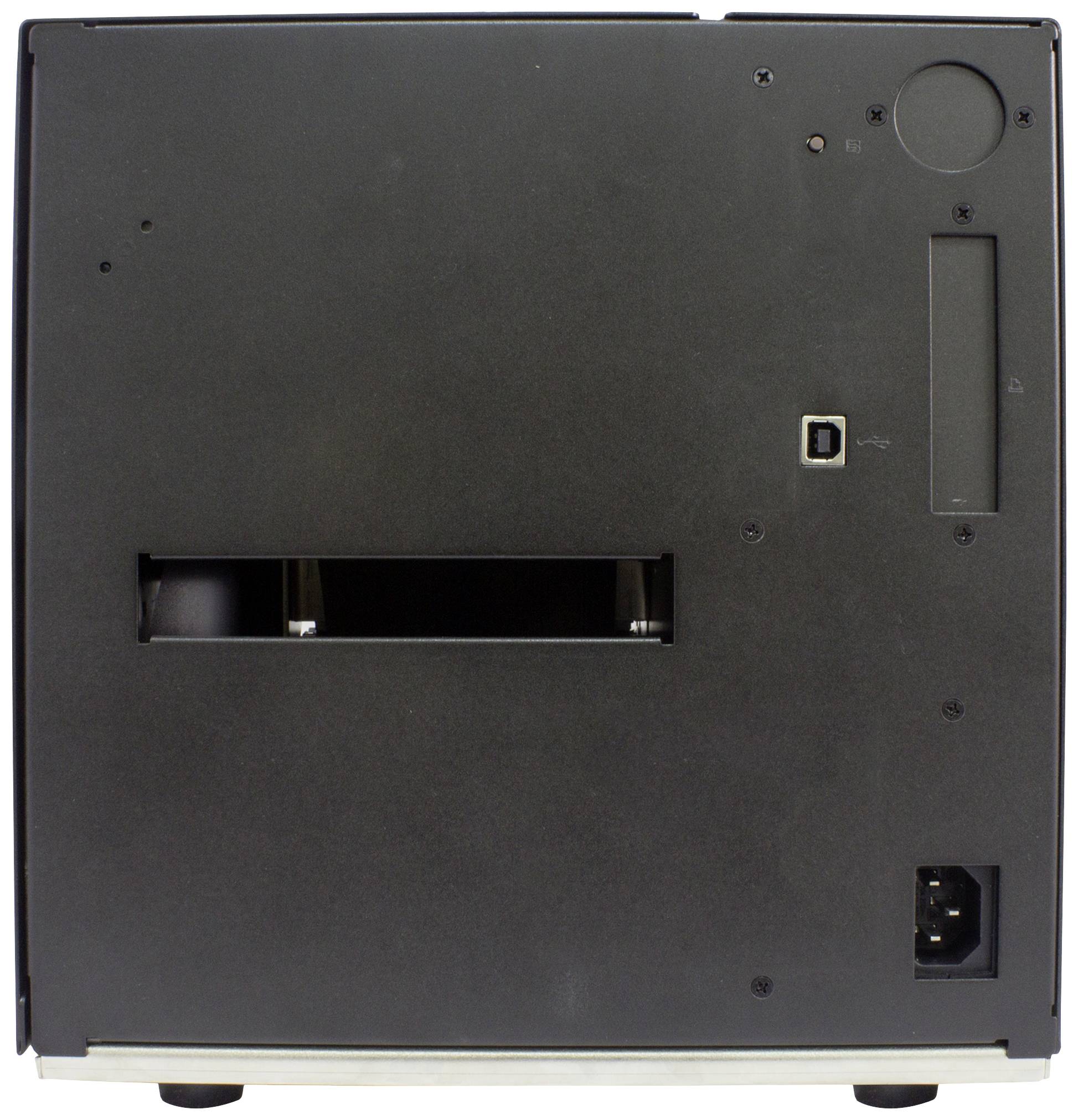 Rückansicht eines schwarzen elektronischen Geräts mit Öffnungen und Anschlüssen an der Seite, vermutlich für Kabel oder Steckverbindungen.