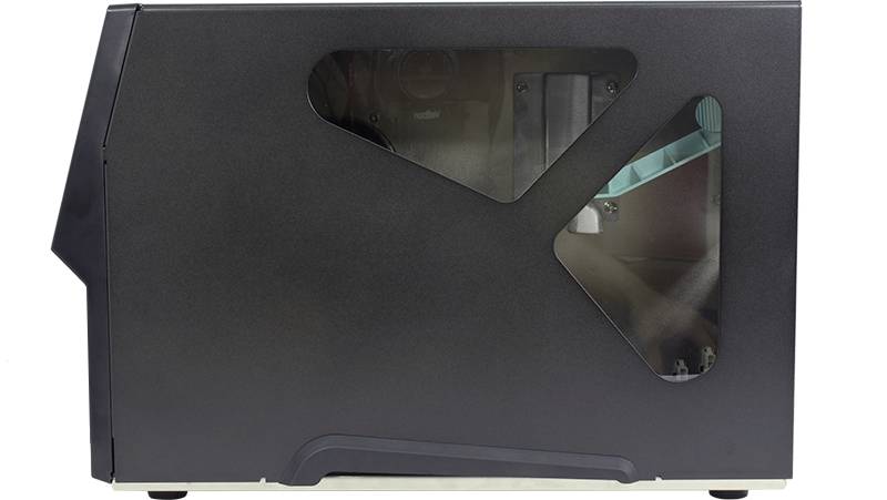 Schwarzes Computergehäuse mit Sichtfenstern auf der Seite, die interne Hardware teilweise sichtbar machen.