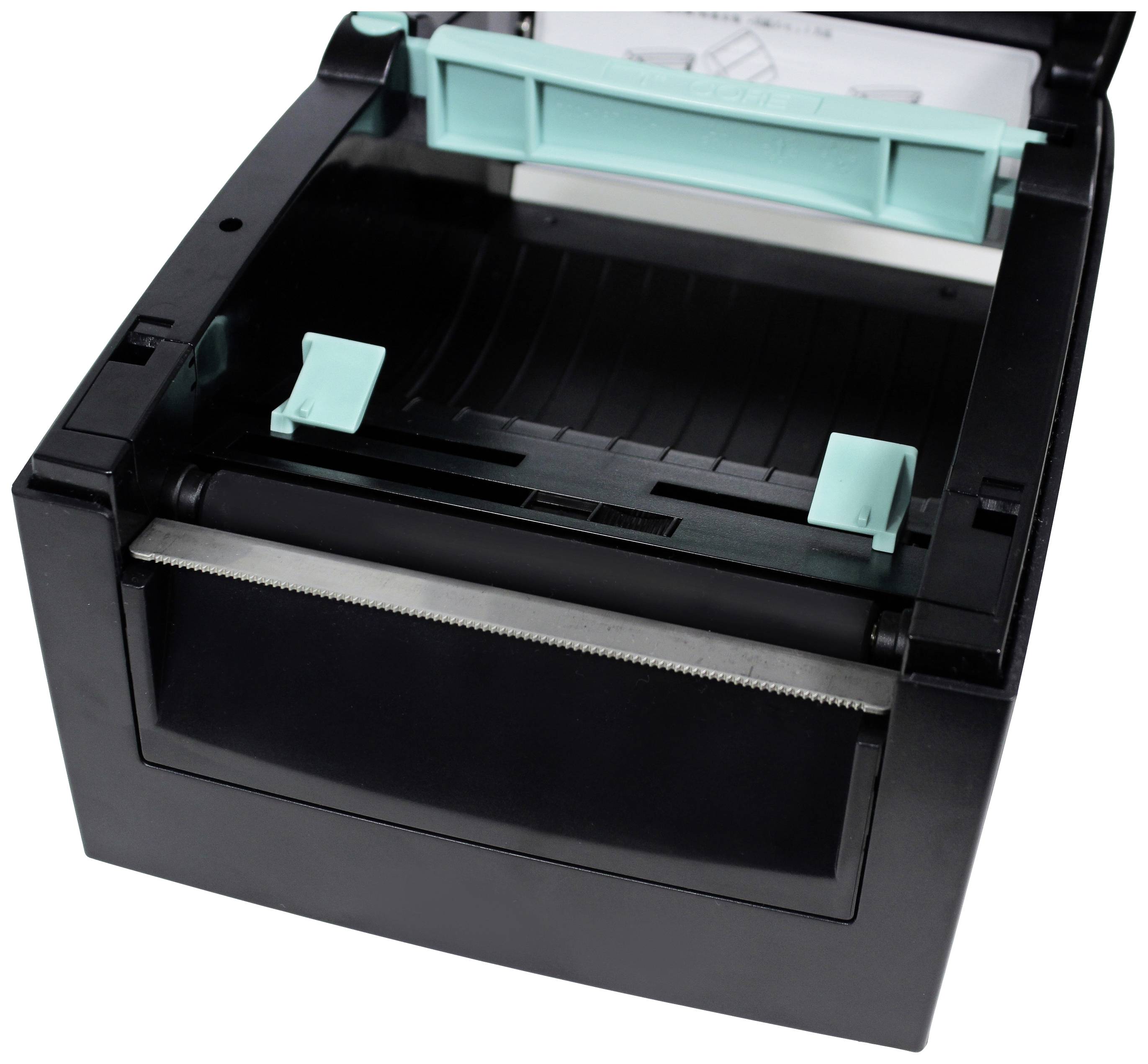 Ein geöffneter Thermodrucker mit sichtbaren Papierrollenführungselementen und Druckmechanismus, bereit zum Einlegen von Papier.