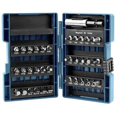 'Bitsatz mit magnetischem Bit-Halter'. Geöffnetes blaues Etui zeigt verschiedene Schraub-Bits. Enthält PH-, PZ-, SL-, T-Bits und Torx.
