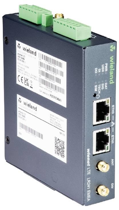 Industrie-Router mit zwei Ethernet-Ports und grünen Anschlussklemmen oben, seitlich das Logo 'Wieland'. Einsatz für Netzwerke.