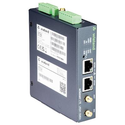 Industrie-Router mit zwei Ethernet-Ports und grünen Anschlussklemmen oben, seitlich das Logo 'Wieland'. Einsatz für Netzwerke.