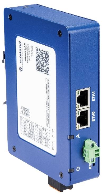 Ein blaues elektronisches Gerät mit zwei Ethernet-Anschlüssen und einem grünen Anschlussblock an der Seite.