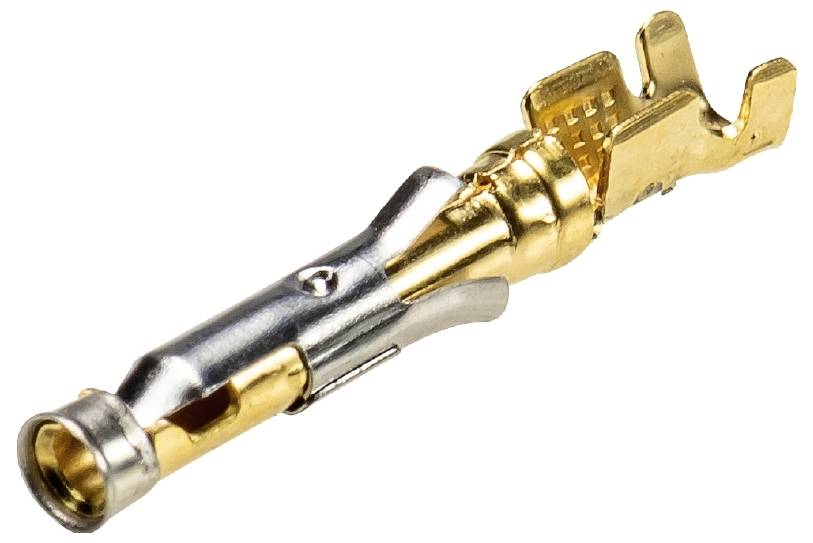 Ein vergoldeter elektrischer Pin-Kontakt mit silbernem Gehäuse, verwendet für Steckverbindungen in elektronischen Geräten.