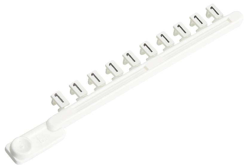 Ein weißer, länglicher Plastikstreifen mit zehn gleichmäßig verteilten Clips zur Befestigung von Kabeln oder Schläuchen.