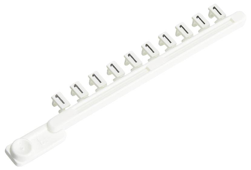 Ein weißer Plastikstreifen mit zehn kleinen Haken, die in gleichmäßigen Abständen angeordnet sind. Mögliche Verwendung als Kabelhalter.