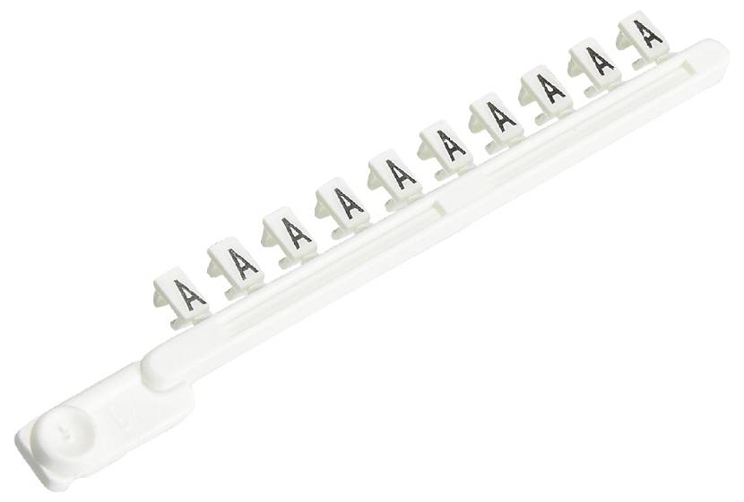 Plastikstreifen mit wiederholtem Buchstaben 'A', möglicherweise als Marker oder Etikett für Kabelmanagement verwendet.