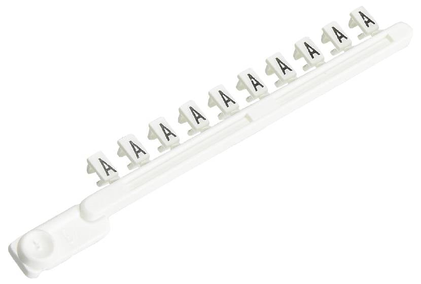 Weißer Kabelmarkerstreifen mit mehreren Clips, die jeweils den Buchstaben 'A' zeigen. Geeignet für kabelgebundene Systeme.
