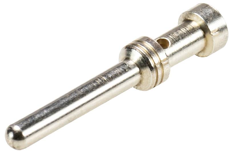 Ein Metallstift oder -bolzen mit Rillen und einer kleinen Durchgangsbohrung, möglicherweise ein elektrischer Steckkontakt oder Maschinenbauteil.