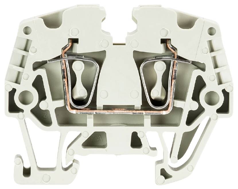 Eine graue Klemmschiene mit zwei Kupferleitern und Schrauben, verwendet zur sicheren elektrischen Verbindung in Schaltschränken.