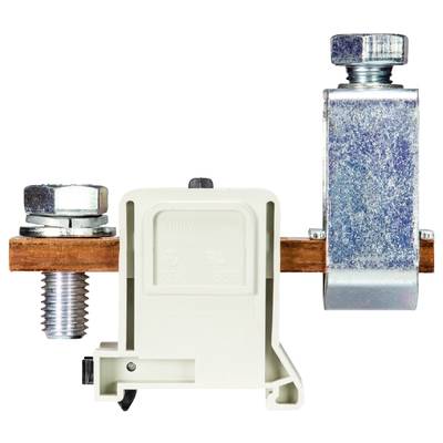 Eine elektrische Klemme mit Schraubenverbindung. Links ist die Klemme mit einem Metallteil befestigt, rechts eine größere Schraube.
