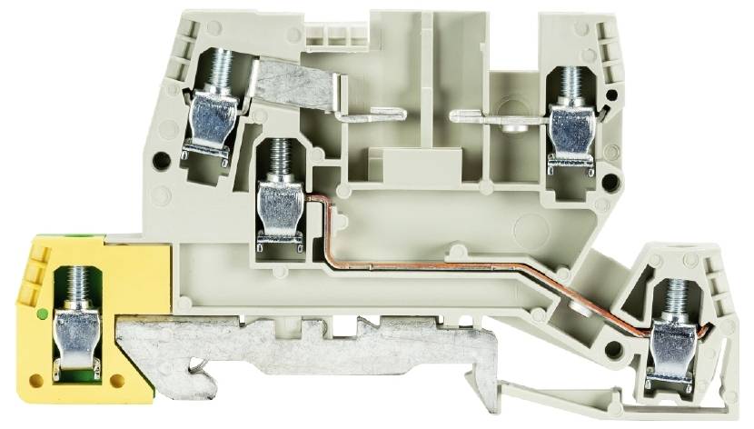 Klemmenblock in grauer Farbe mit gelber und grüner Markierung. Zeigt Metallverbindungen und Schrauben, geeignet für elektrische Installationen.