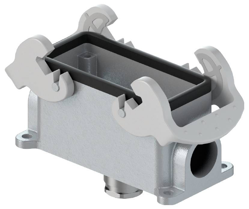 Metallgehäuse mit seitlichen Verschlüssen und offenem oberen Bereich, geeignet für elektrotechnische Anwendungen.