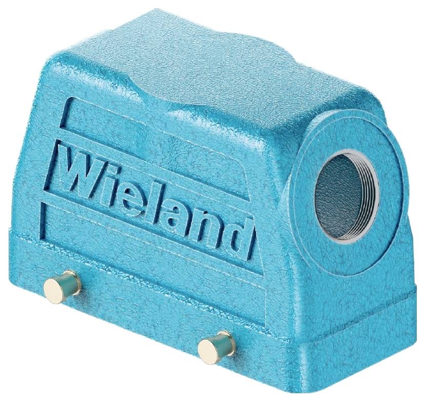 Ein blaues Gehäuse mit der Aufschrift 'Wieland' und zwei silbernen Nieten an der Unterseite. Das Gehäuse hat eine Gewindebohrung.