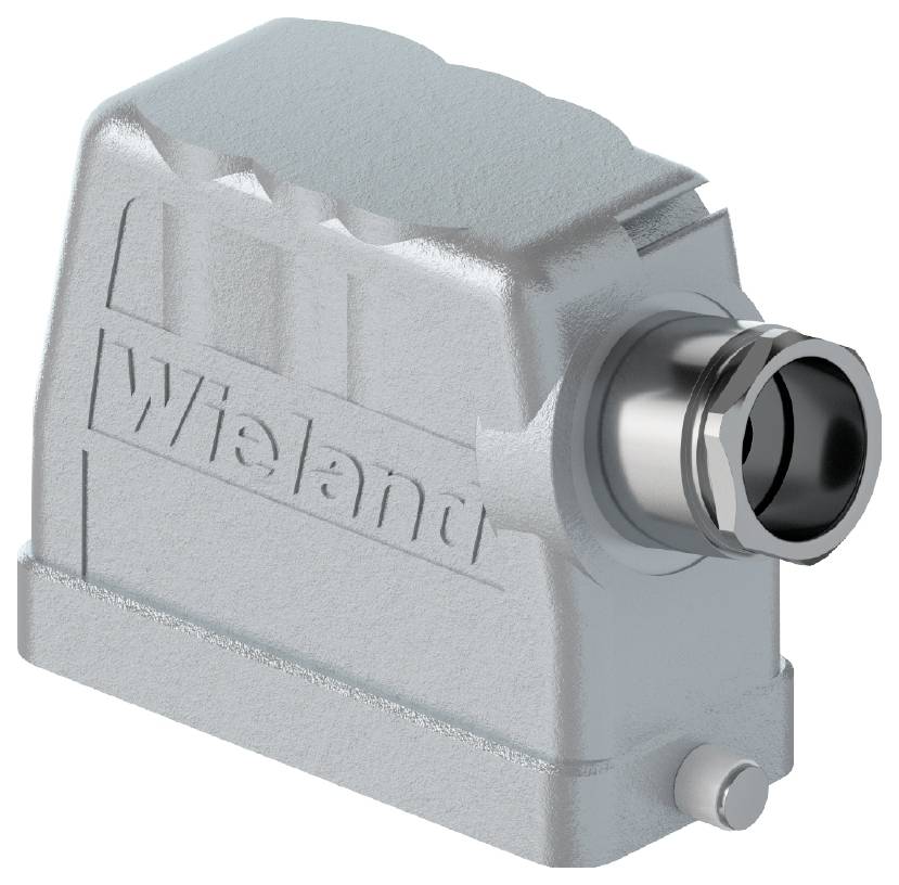 Metallgehäuse eines Steckverbinders mit seitlichem Kabelausgang. Auf dem Gehäuse steht 'Wieland'.