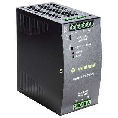 Schwarzes Netzteil-Modul, Marke 'wieland', Modell 'wipos P1 24-5'. Ausgang DC 24V, 5A. Einfacher Anschluss, grüne Klemmen oben und unten.