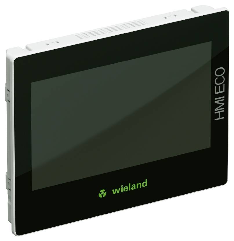 Ein schwarzes HMI ECO Display von Wieland, vor einem weißen Hintergrund. Das Gerät hat einen rechteckigen Bildschirm.