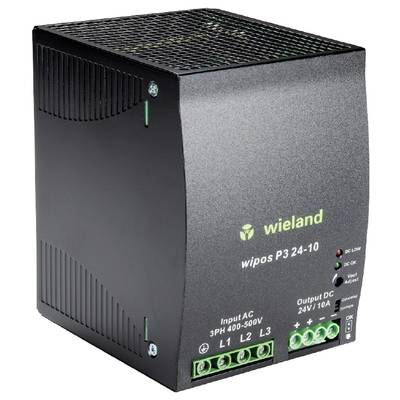 Ein schwarzes Netzteil der Marke Wieland, Modell 'wipos P3 24-10', für Eingang AC 400-500V und Ausgang DC 24V/10A, mit LEDs zur Statusanzeige.