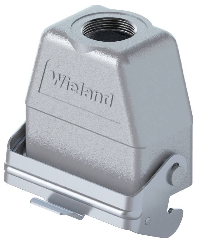 Ein silbernes, rechteckiges Gehäuseteil mit einer Öffnung an der Oberseite und seitlichen Spannverschlüssen, das den Schriftzug 'Wieland' trägt.