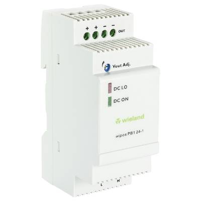 Ein weißes elektrische Modul von Wieland mit Aufschriften 'DC LO', 'DC ON' und 'wipos PB1 24-1', verwendet für Stromversorgung.