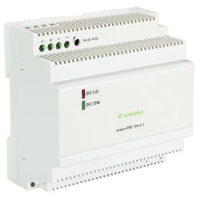 Ein elektrisches Schaltnetzteil der Marke Wieland mit Anzeigeleuchten für ‘DC LO’ und ‘DC ON’.