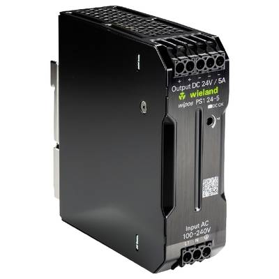 Ein schwarzes Schaltnetzteil mit Aufschrift 'Output DC 24V / 5A' und Markennamen 'wieland', Modell 'wipos PS1 24-5', für Spannungseingang AC 100-240V.